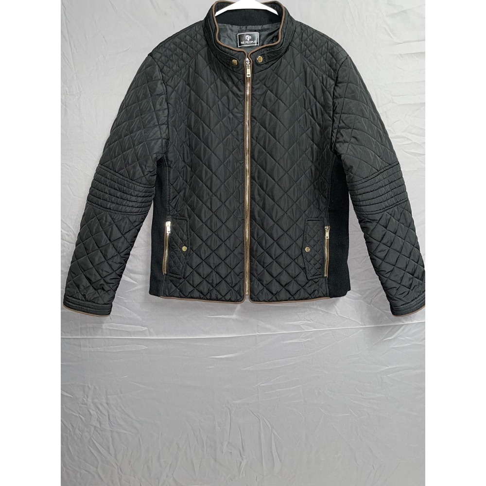 NE People Quilted Jacket Mens Black Lined Ribbed Detail Mock Neck Full Zip